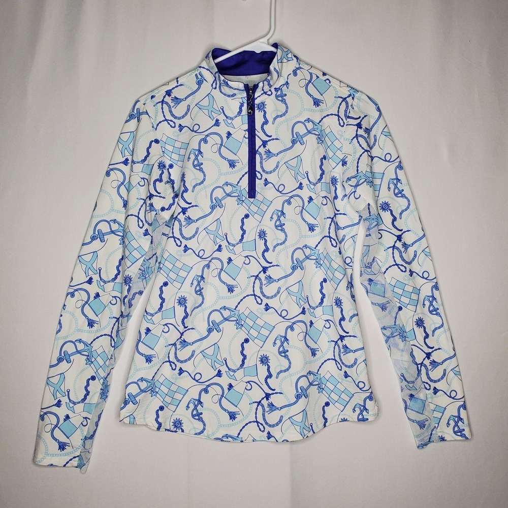 San Soleil UPF Active Top Women Small Zip Blue Anchor Nautical Coastal Mesh Golf